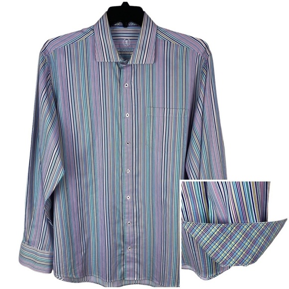 Men’s Bugatchi Uomo Flip Cuff Classic Fit Button Shirt Long Sleeves Striped Blue - Picture 2 of 12